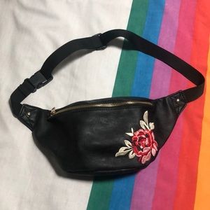 Black Pleather Rose, Gold Trim Zipper Fanny Pack